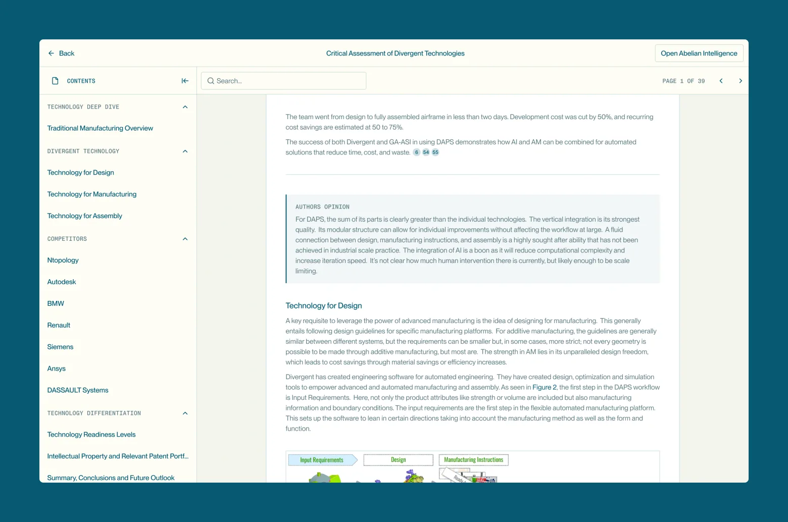 Abelian — a reader for technology assessment reports, with a contents sidebar and inline citations.